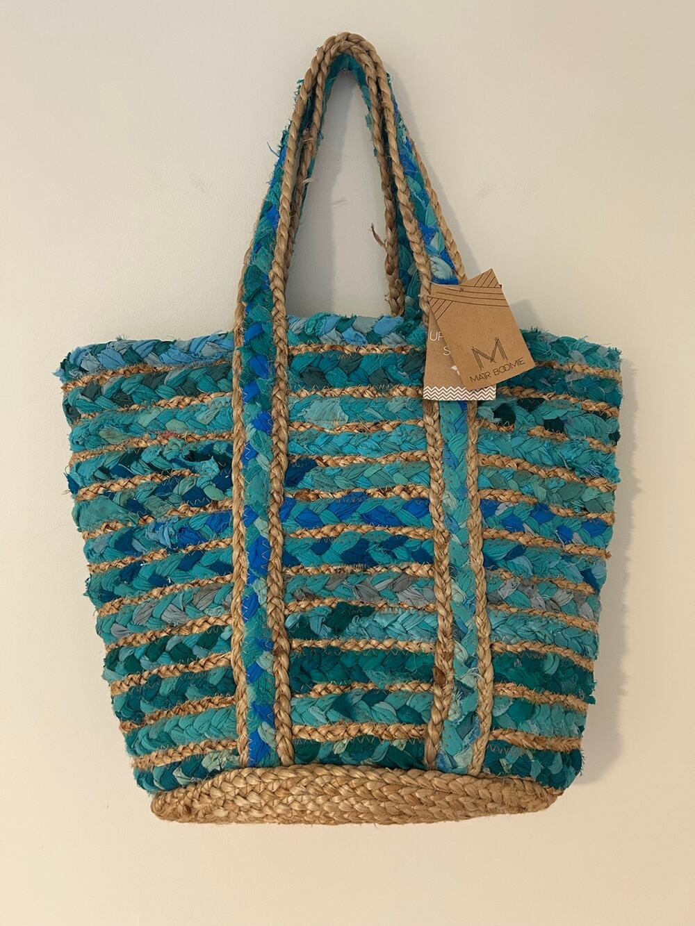 NWT Matr Boomie Woven Braided Chindi Fabric Teal Blue Natural Tote Bag Jute L